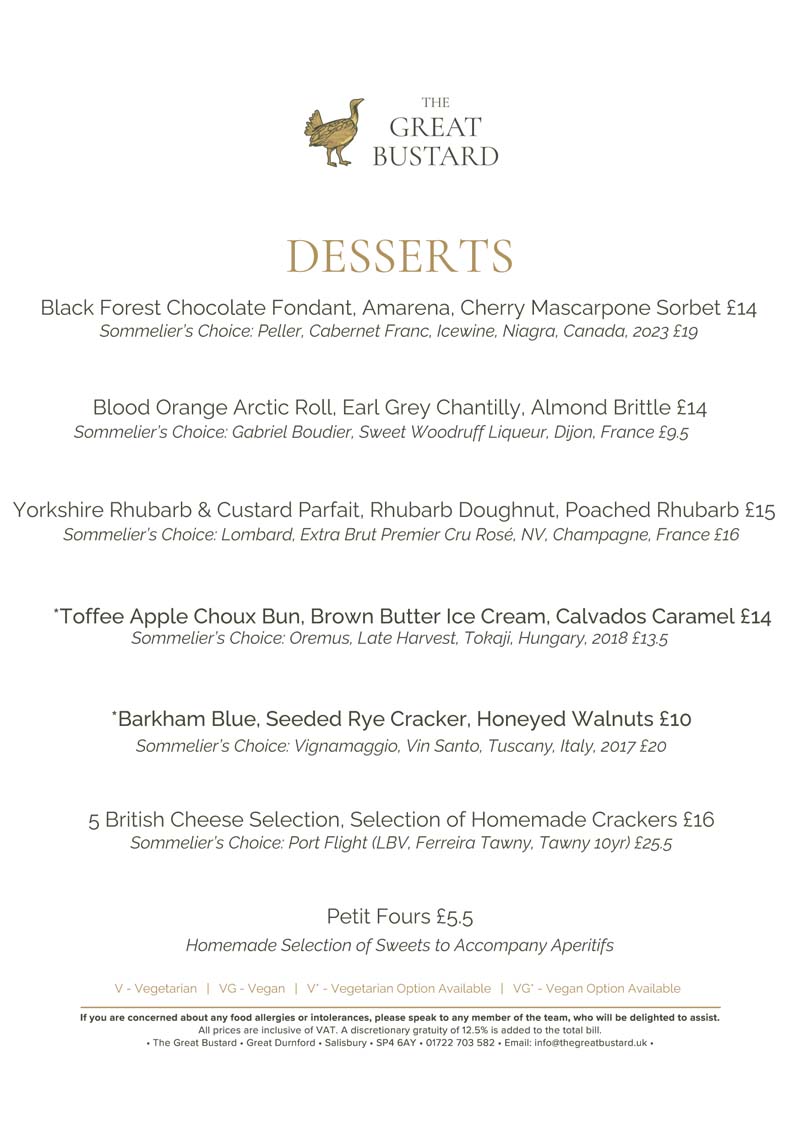 The Great Bustard Dessert Menu